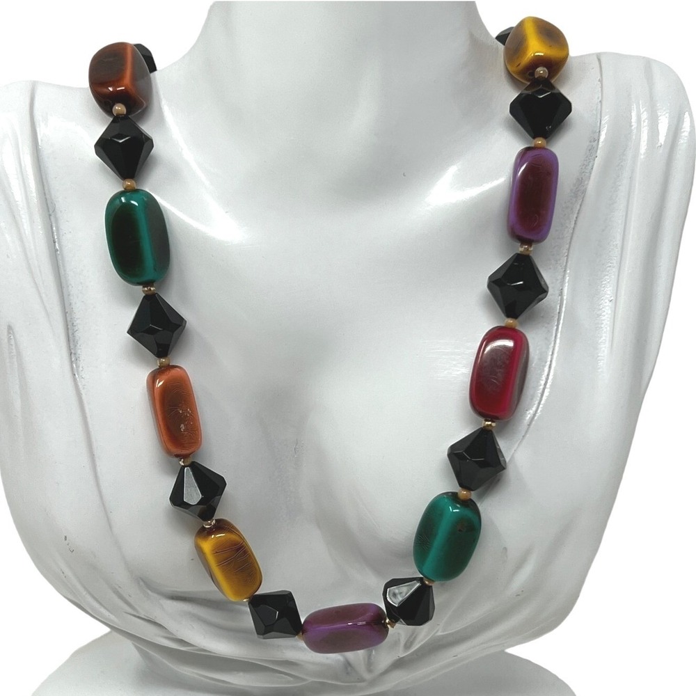 Vintage Beaded‎ Necklace Acrylic Beads Boho Purple Pink Yellow Green